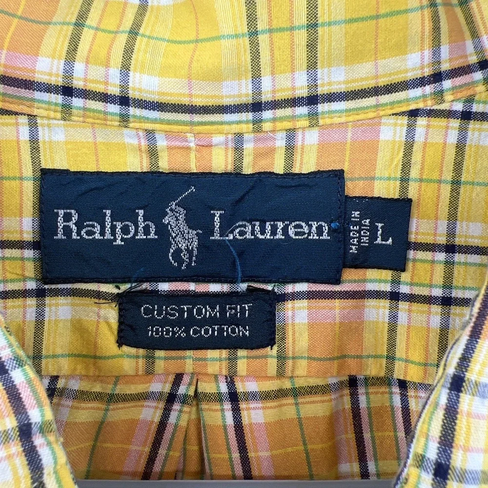 Polo Ralph Lauren Mens Yellow Plaid Custom Fit Button Down Shirt Large Cotton